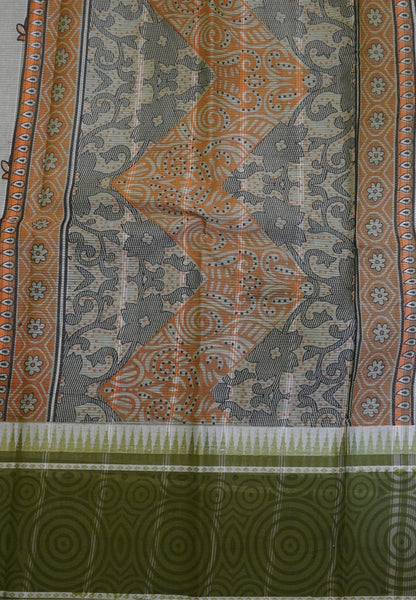 Pure Cotton Saree-Cream with Sage Green in Lotus Breeze Pattern