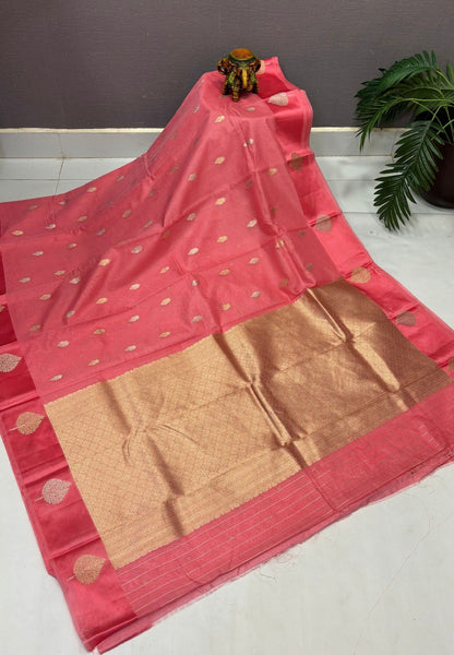Art Silk Kota Saree-Peach Pink In Geometric Zari Brocade Border