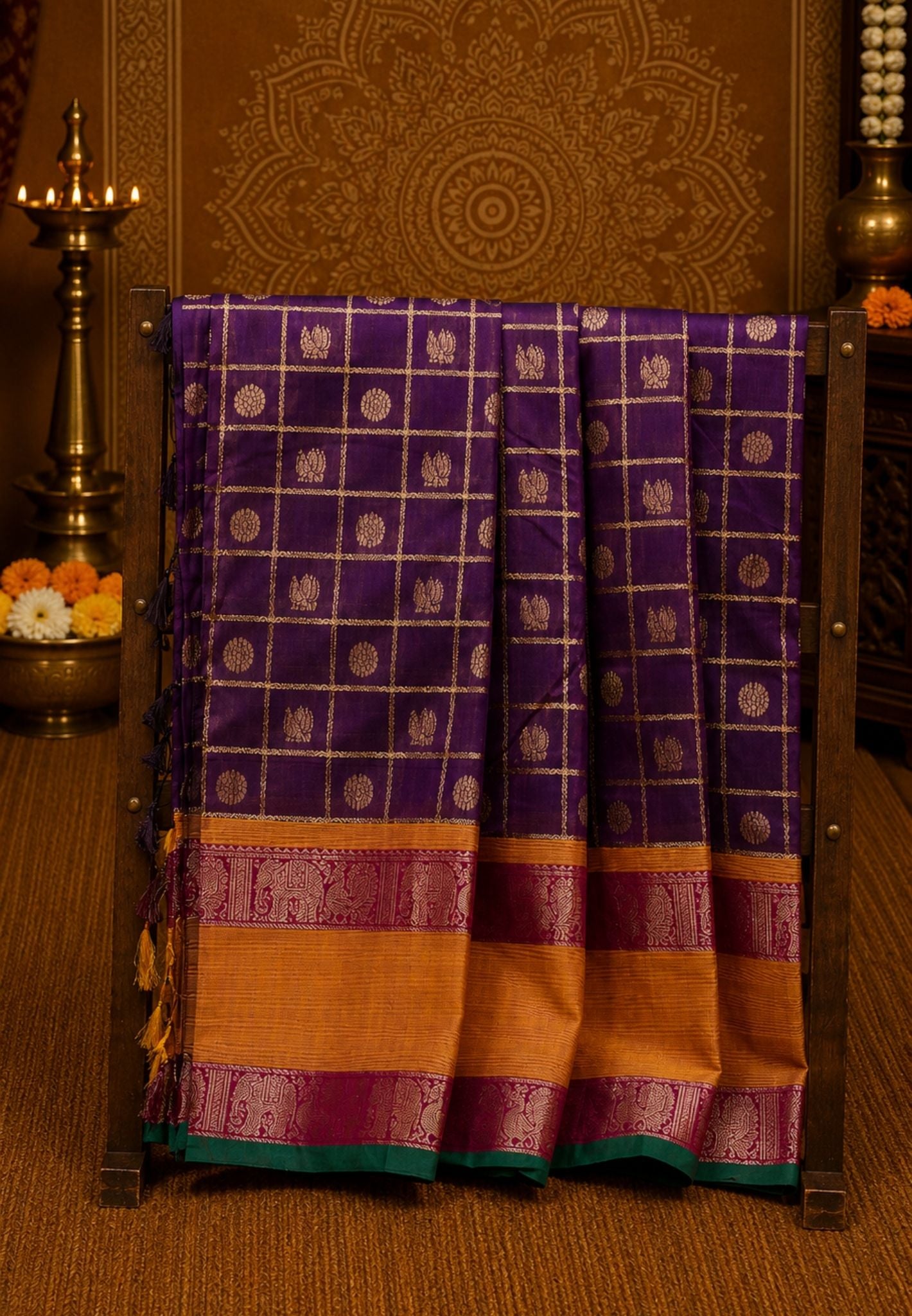 Chettinad Cotton Saree-Wine in Mayil Chakram Zari Checks with Retapett Border