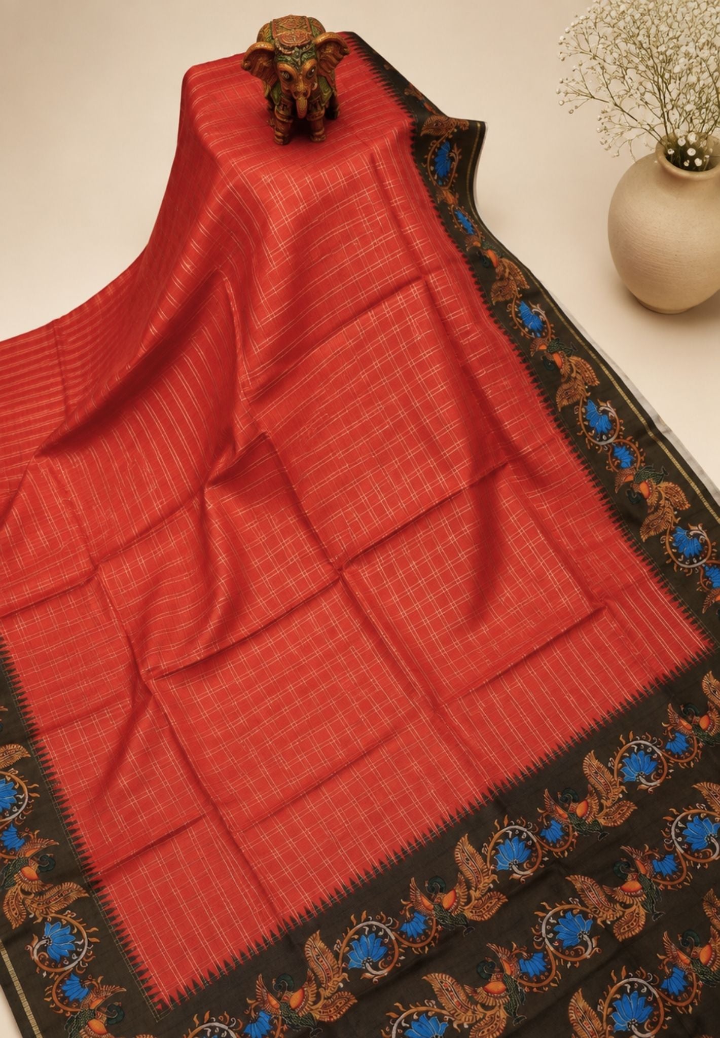 Premium Matka Tussar Saree-Red with Contrast Border in Tanjore Print