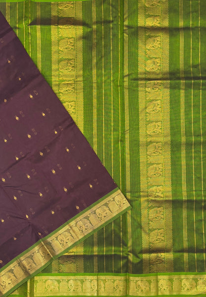 Silk Cotton Saree–Brown-Light Green in Mini Buttas with Contrast Border