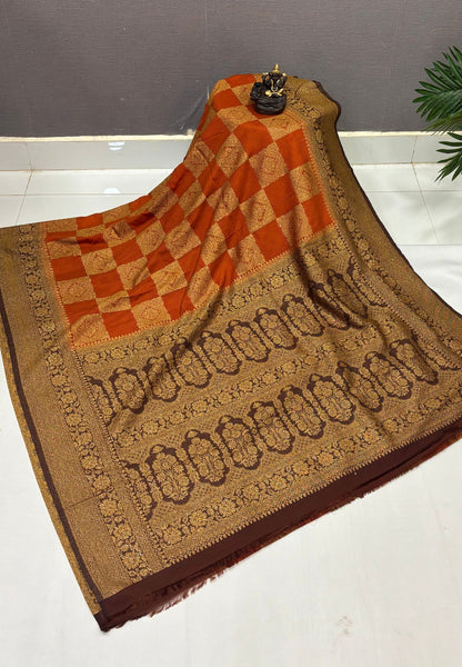 Banarasi Crepe Saree-Burnt Orange In Square Check Brocade With Contrast Border