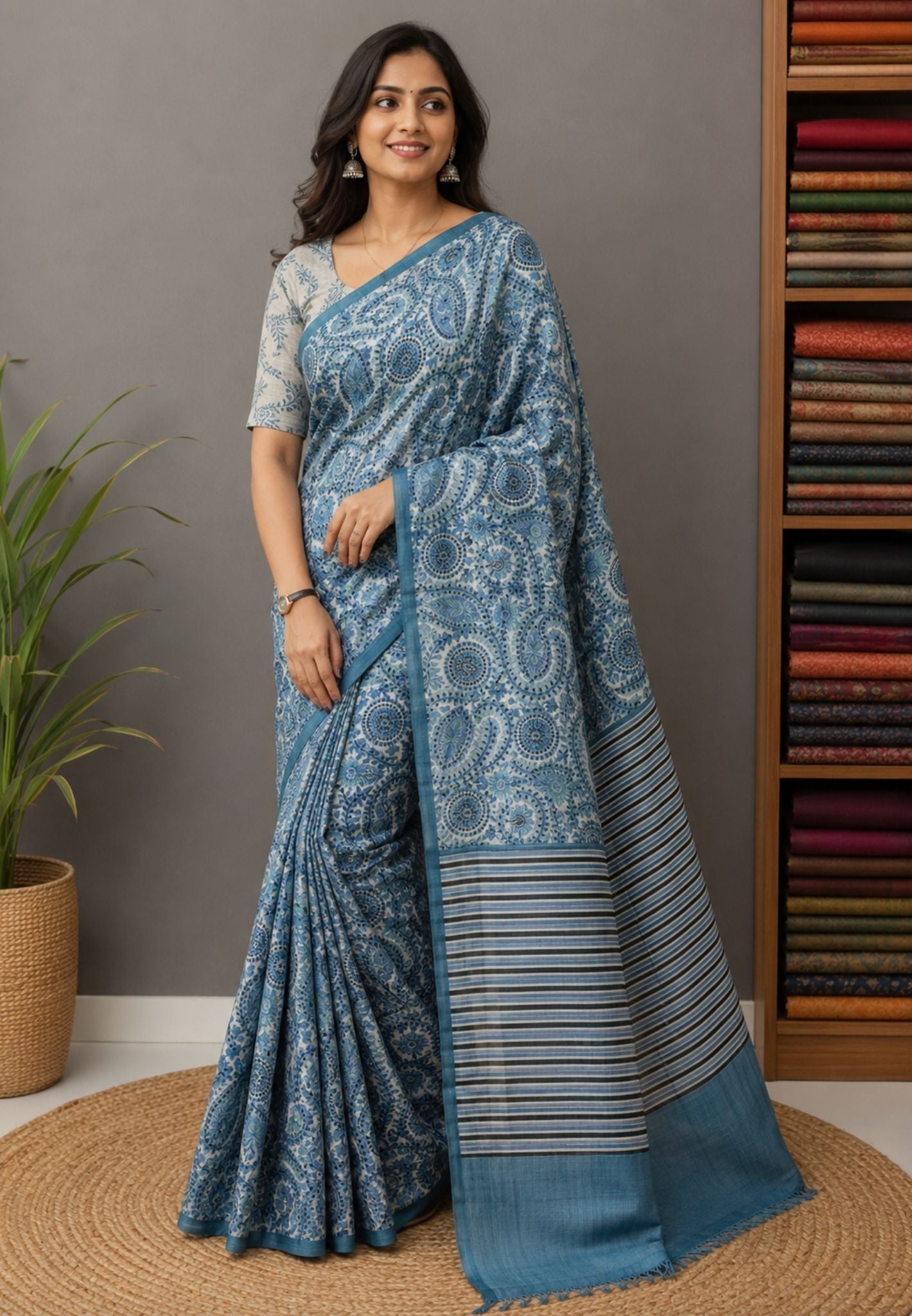 Pure Tussar Saree-Peacock Blue with Paisley Pattern