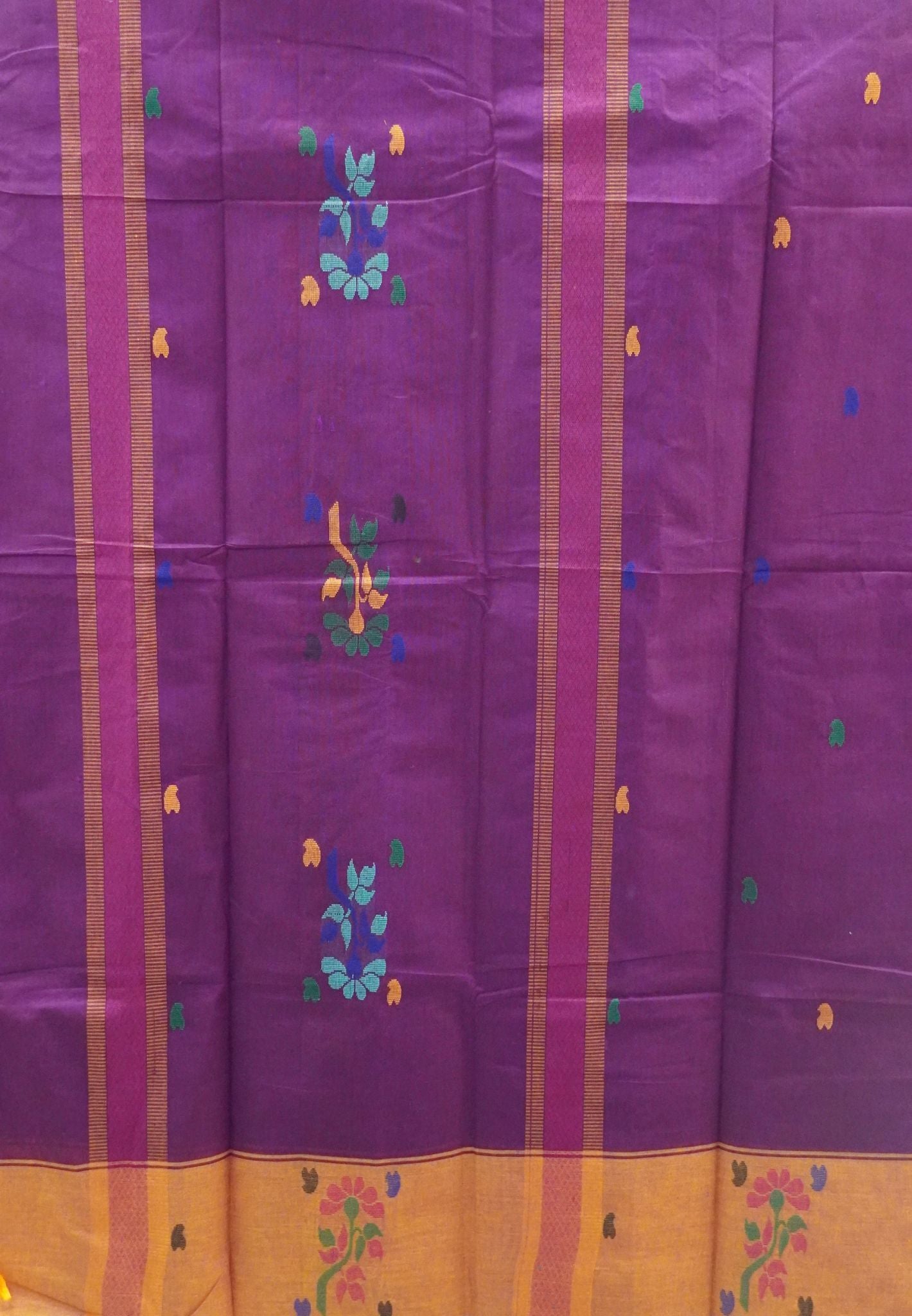 Chettinad Cotton Saree-Wine With Floral Bouquet Border