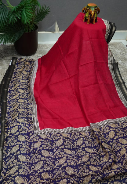 Jute Tussar Saree - Rani Pink & Violet with Floral Print
