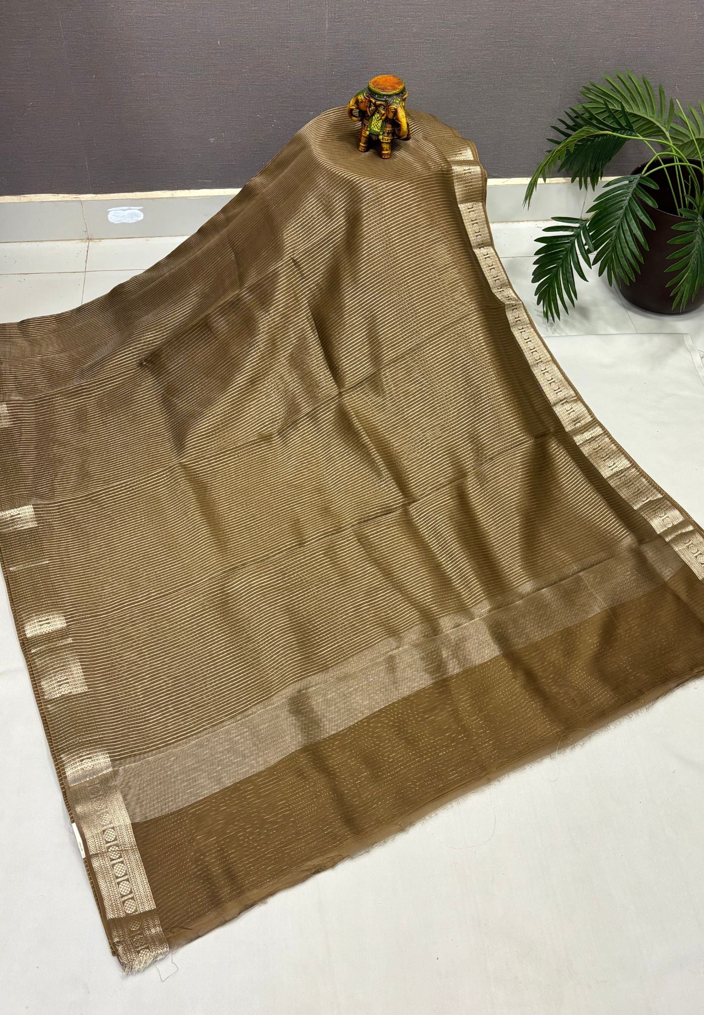 Chanderi Saree-Dry Green in Fine Stripe Zari Border