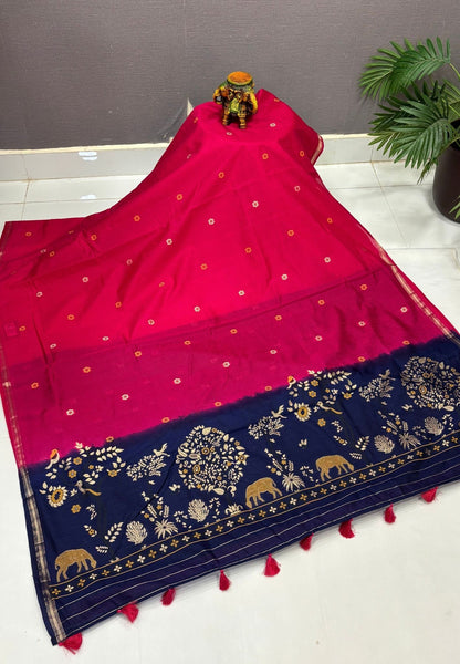 Gaji Silk Saree-Rani Pink In Warli Tree & Elephant With Contrast Border