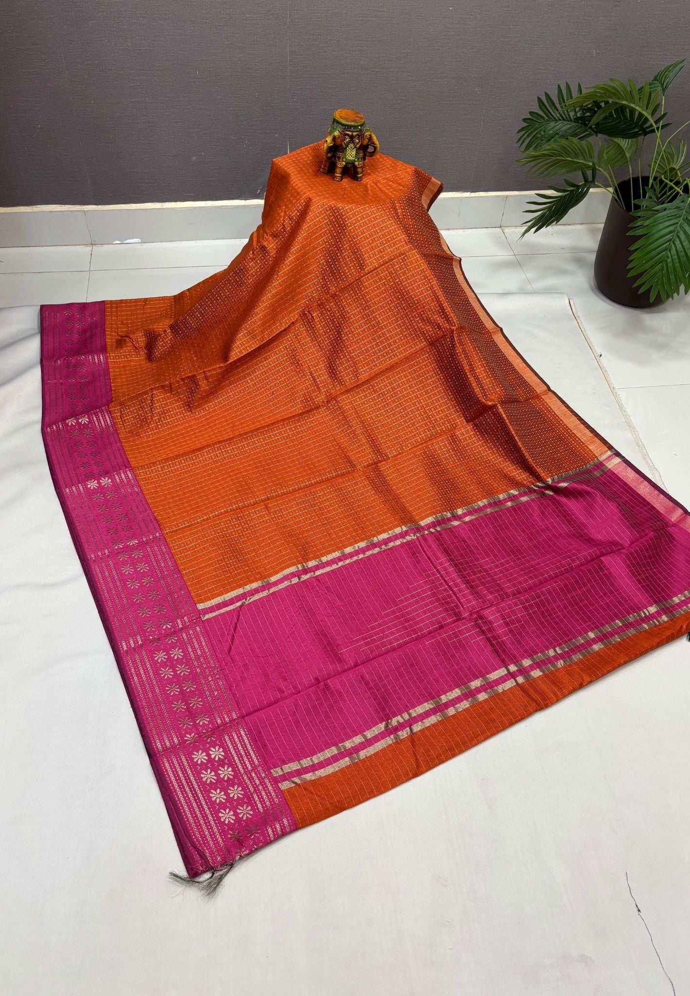 Raw Silk Saree-Rust Orange in 1000 Butta with Contrast Zari Border