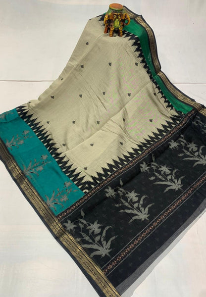 Malai Cotton Saree-Ramar Blue in Tower Print
