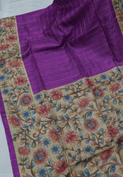 Semi Tussar Saree-Dark Purple
