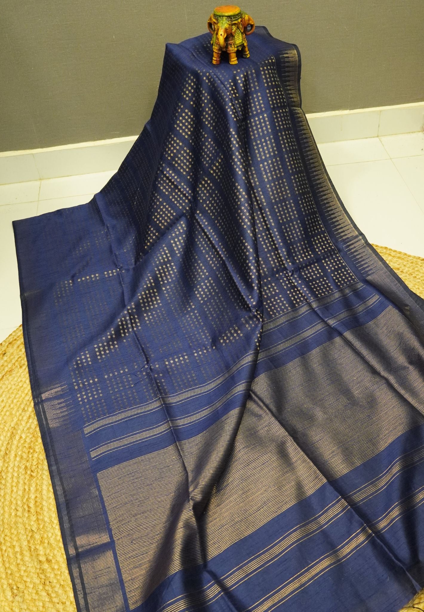Semi Raw Silk Saree-Navy Blue in Checked Zari