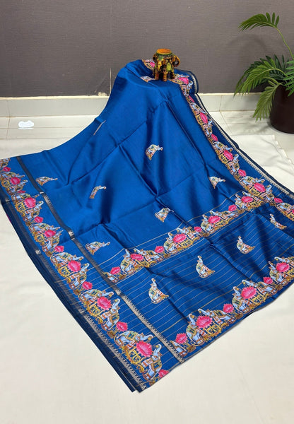Pure Mangalgiri Silk Saree-Peacock Blue with Tanjore Print