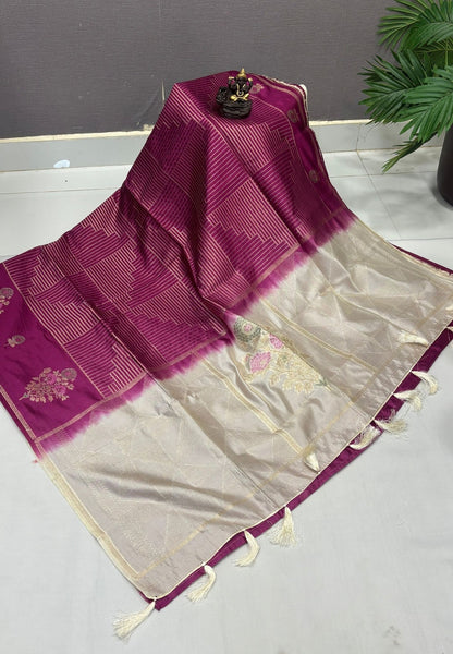 Mulberry Silk Saree-Wine In Diamond Geometric Zari With Contarst Border