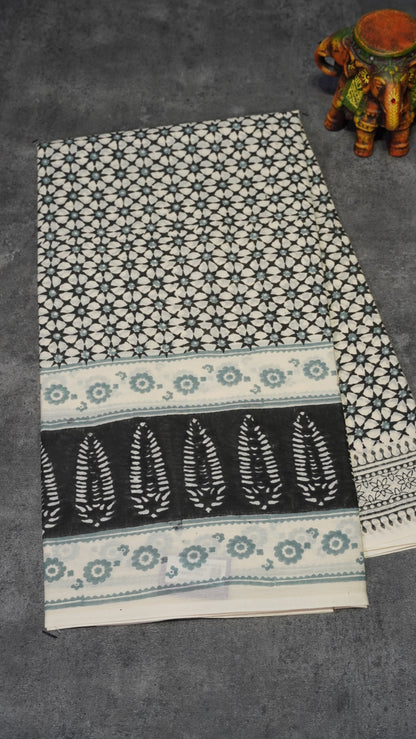Mul Mul Cotton Saree Black Star Print