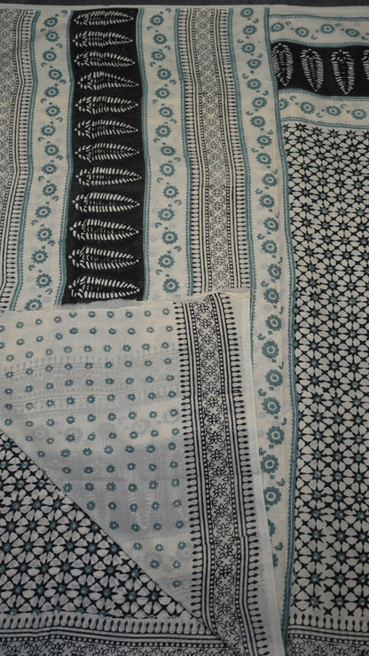 Mul Mul Cotton Saree Black Star Print