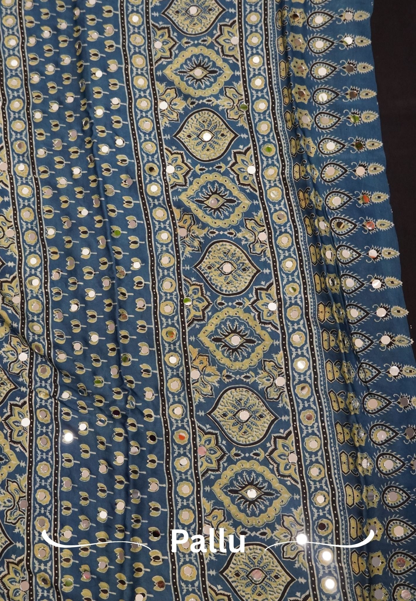 Pure Modal Silk Saree-Original Mirror Work &Traditional Printed Motifs - Black with Ramar Blue
