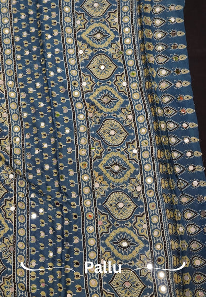 Pure Modal Silk Saree-Original Mirror Work &Traditional Printed Motifs - Black with Ramar Blue