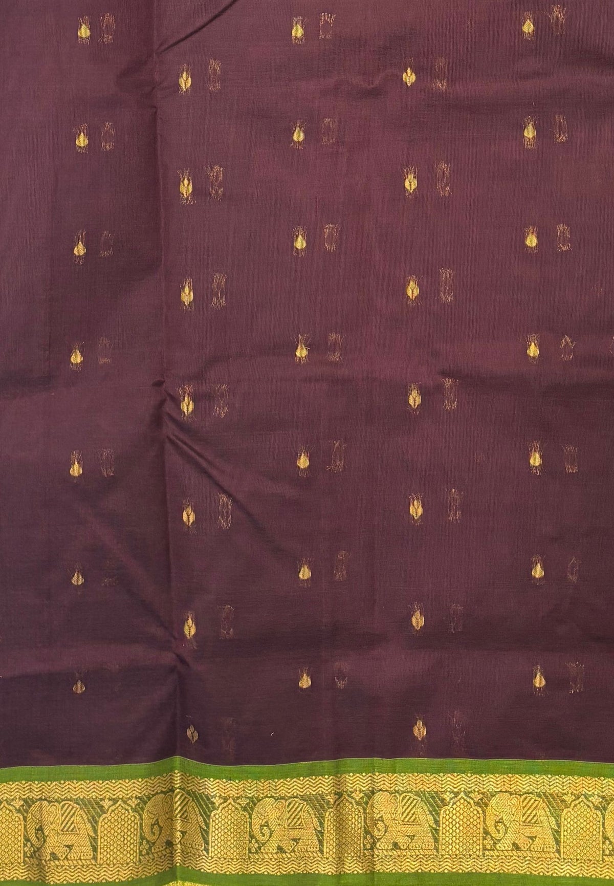 Silk Cotton Saree–Brown-Light Green in Mini Buttas with Contrast Border
