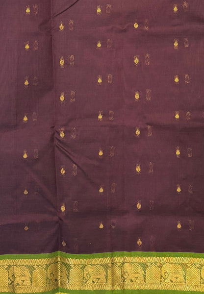 Silk Cotton Saree–Brown-Light Green in Mini Buttas with Contrast Border