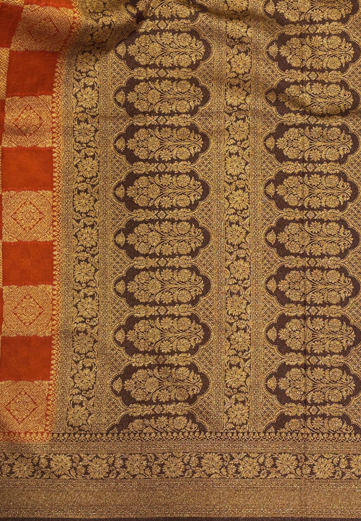 Banarasi Crepe Saree-Burnt Orange In Square Check Brocade With Contrast Border
