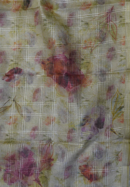 Linen Kota Saree - Light Green with Floral Prints