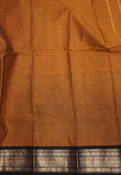 Kanchi Cotton Saree-Dark Mustard-Black With Zari Border