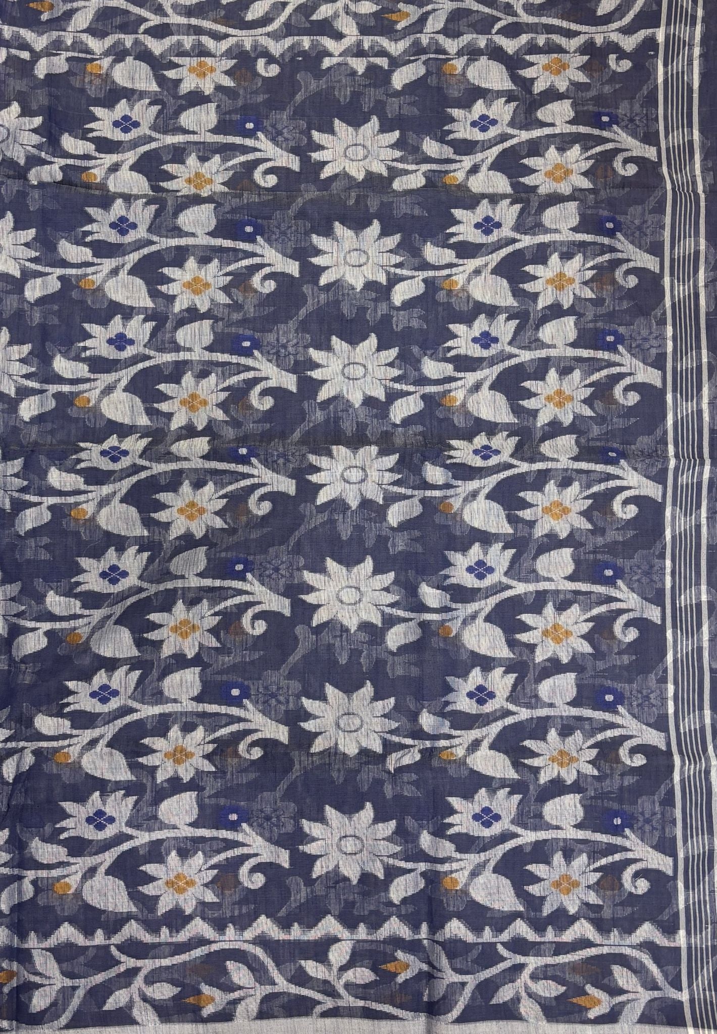 Dhakai Jamdhani Cotton Saree-Blue In Floral Vine Zari Border