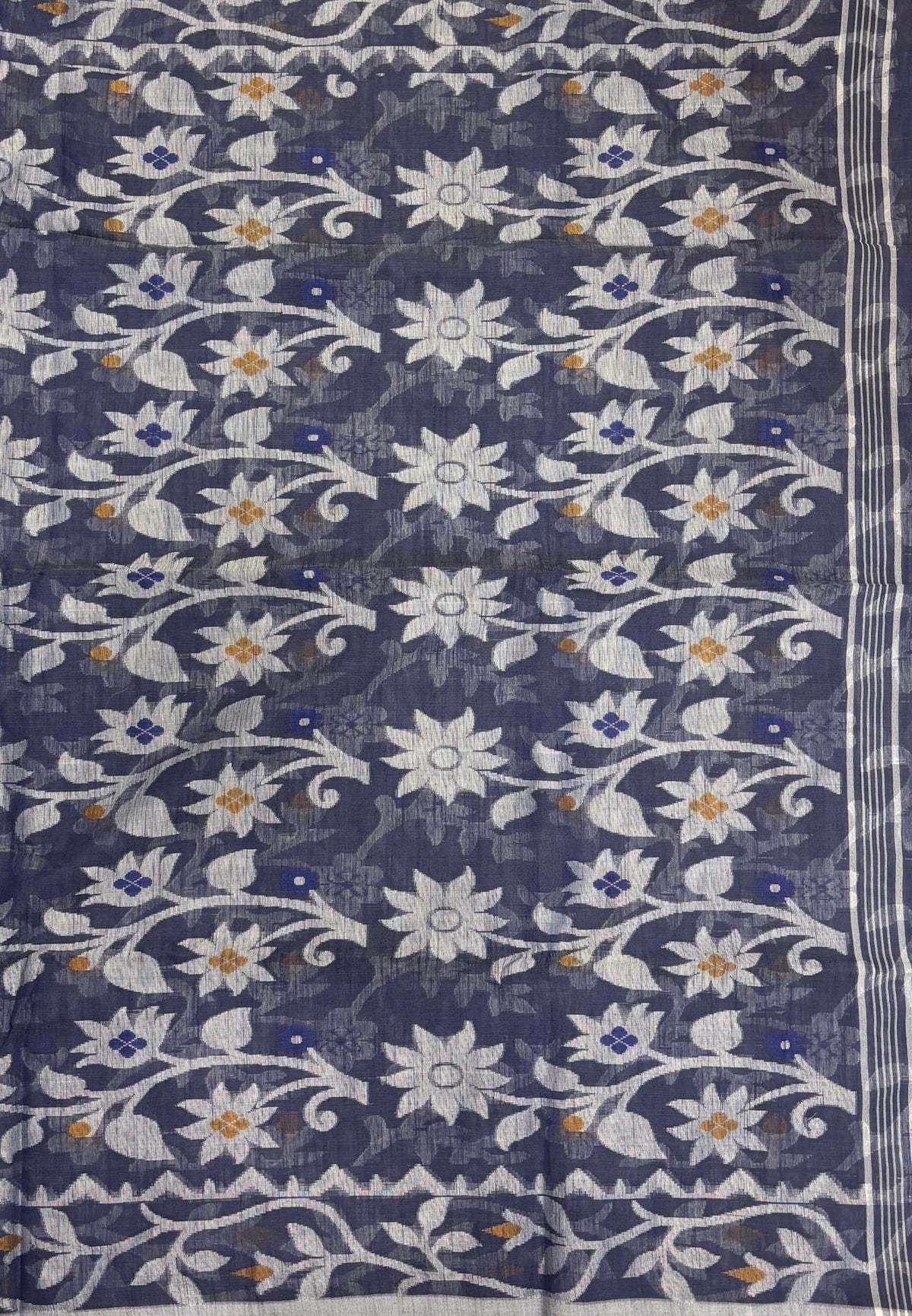 Dhakai Jamdhani Cotton Saree-Blue In Floral Vine Zari Border