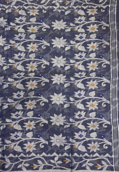 Dhakai Jamdhani Cotton Saree-Blue In Floral Vine Zari Border