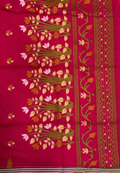Handloom Cotton Saree-Rani Pink In Lotus Floral Border