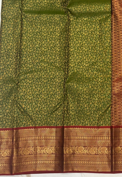 Pure Kanchipuram Silk Saree-Olive  Green with Contrast Border