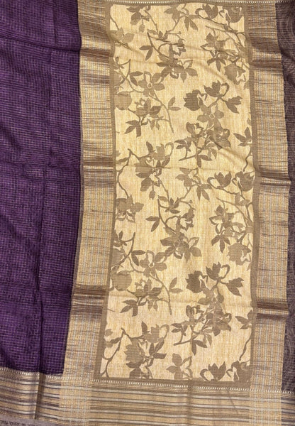 Muslin Tussar Saree-Purple In Floral Vine Border