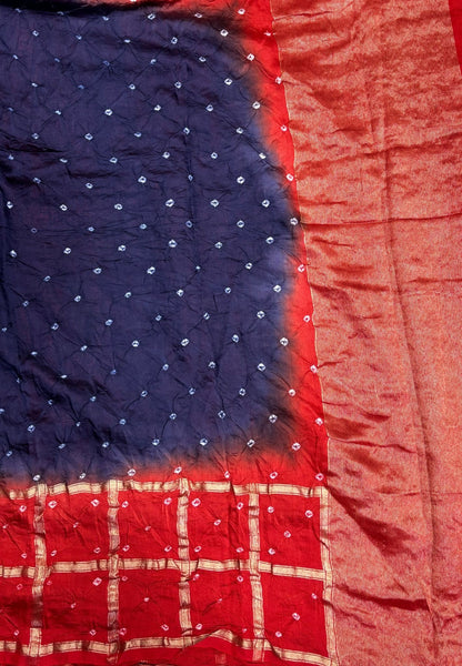 Banarasi Bandeji Saree-Navy Blue in Checked Zari with Contrast Border