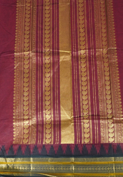 Chettinad Cotton Saree–Maroon with Temple Zari Border