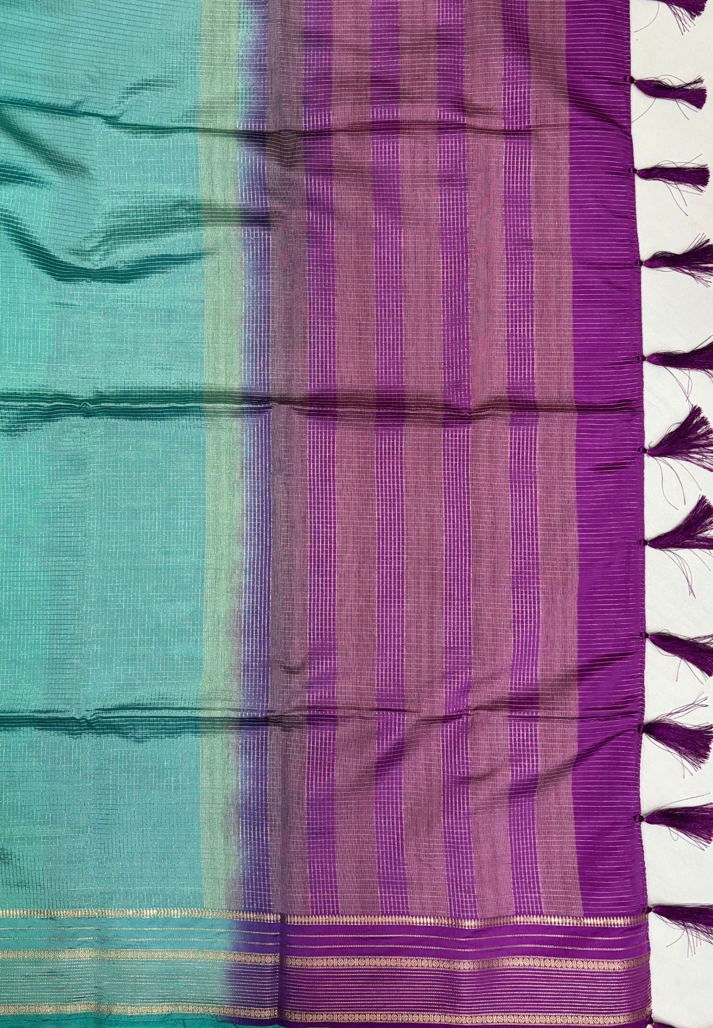 Mulberry Silk Saree-Sea Blue In Striped Zari With Contrast Border