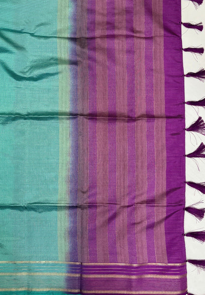 Mulberry Silk Saree-Sea Blue In Striped Zari With Contrast Border