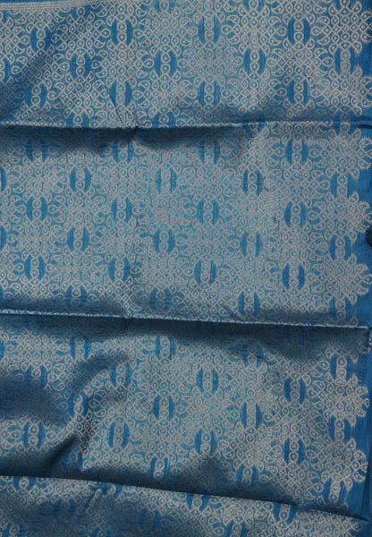 Semi Raw Silk Saree -Peacok Blue in Kolam Pattern