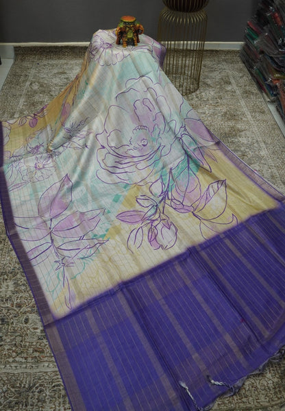 Korean Tussar Saree-Pastel Floral Artistic Weave-violet