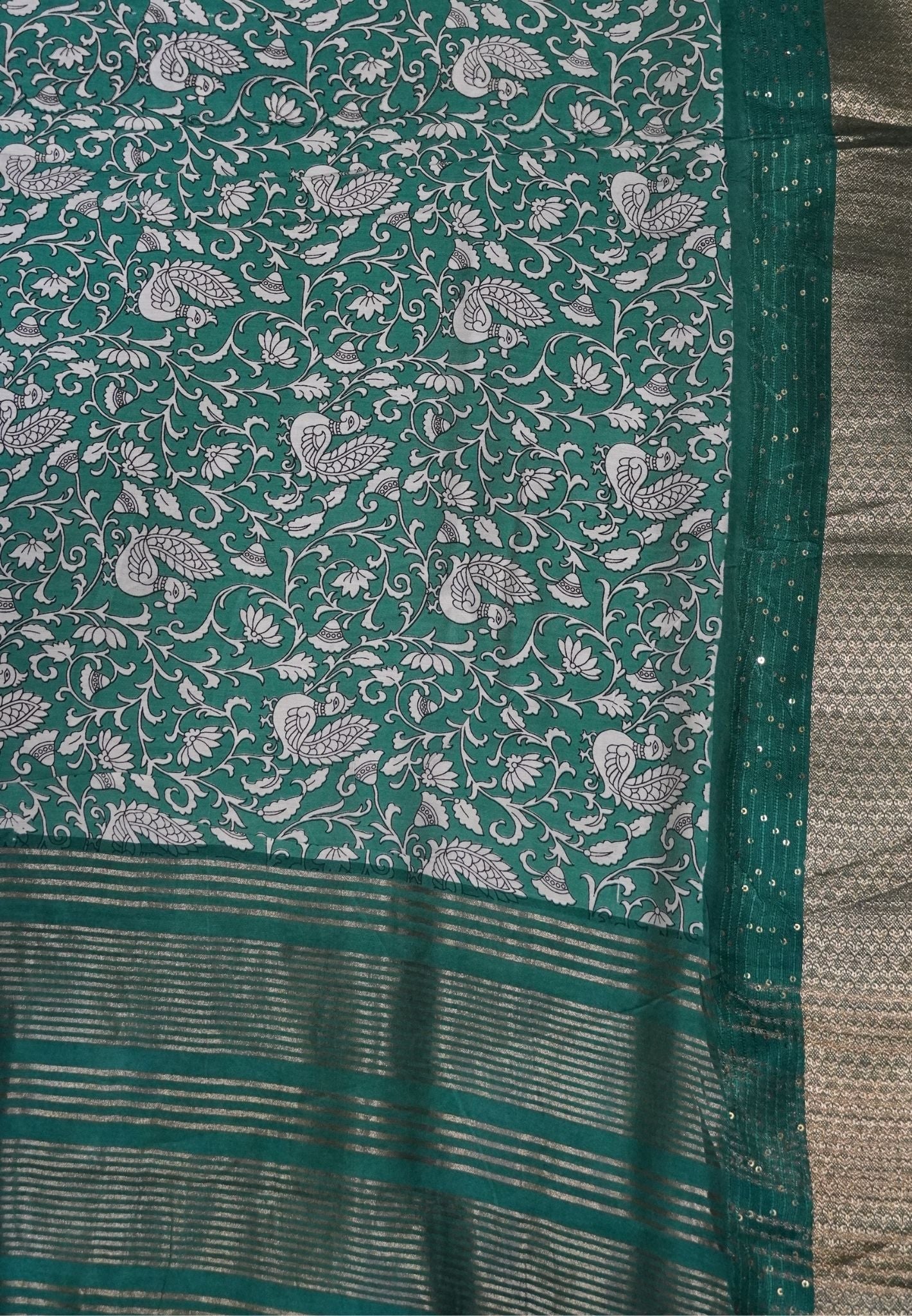 Semi Dola Saree-Green in Floral Print and Sequence Work