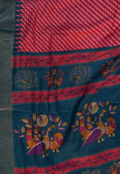Semi Dola Saree-Pink in Checked Pattern