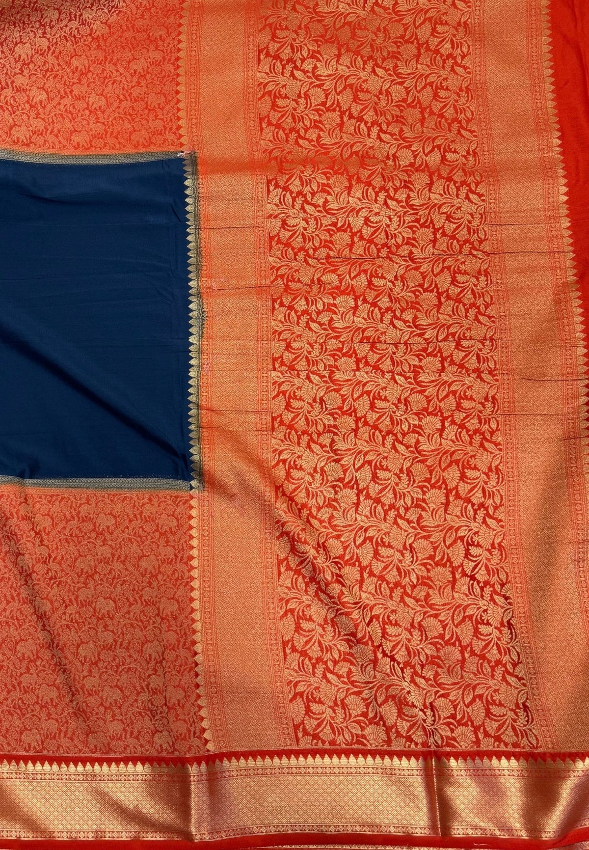 Art Mysore Silk Saree-Peacock Blue-Orange In Floral Zari With Contrast Border