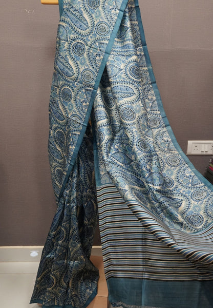 Pure Tussar Saree-Peacock Blue with Paisley Pattern
