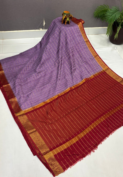 Semi Raw Silk Saree-Lavender in Zari Lines with Contrast Annam Border