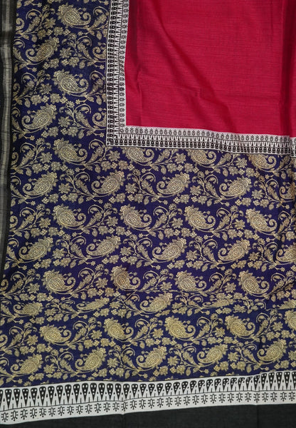 Jute Tussar Saree - Rani Pink & Violet with Floral Print