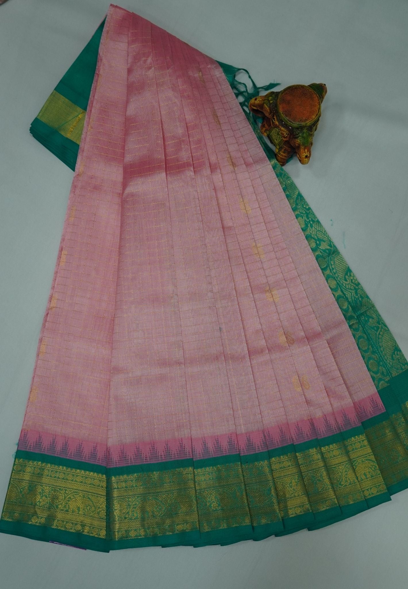 Pure Silk Cotton Saree-Baby Pink in Zari Checks with Contrast Border
