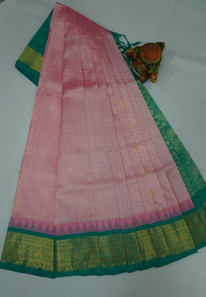 Pure Silk Cotton Saree-Baby Pink in Zari Checks with Contrast Border