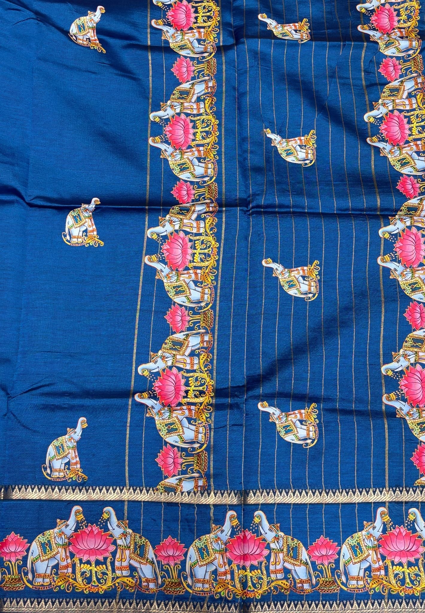 Pure Mangalgiri Silk Saree-Peacock Blue with Tanjore Print