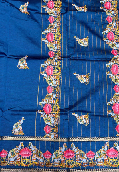 Pure Mangalgiri Silk Saree-Peacock Blue with Tanjore Print