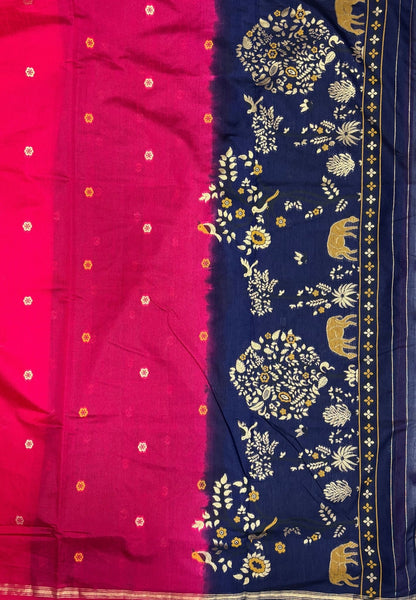 Gaji Silk Saree-Rani Pink In Warli Tree & Elephant With Contrast Border