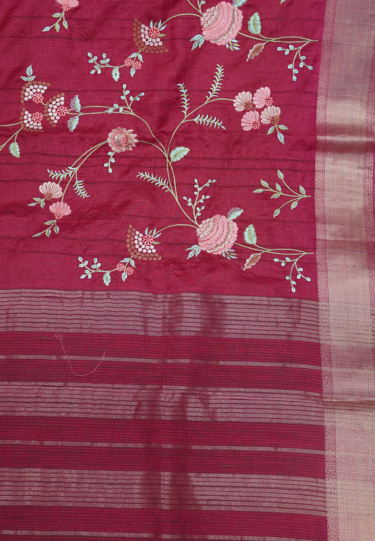 Soft Tussar Saree-Rani Pink with Floral Embroidery Work